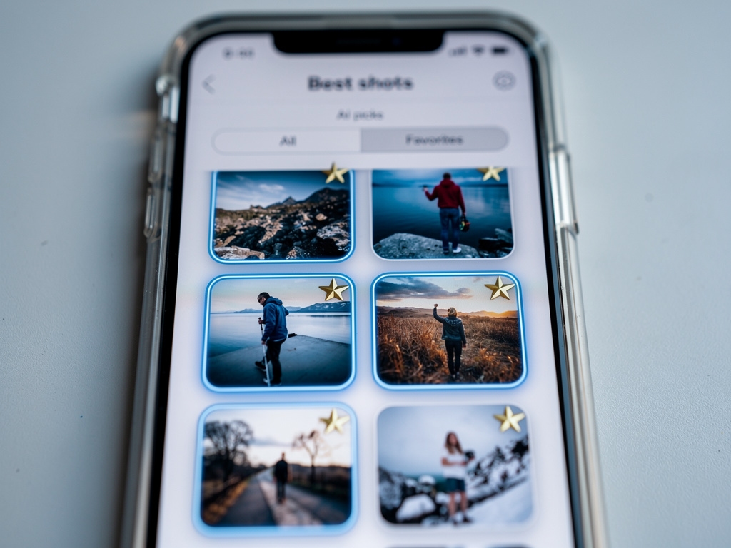 AI grouping interface showing clusters of similar photos with quality ranking