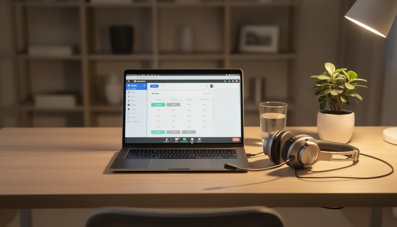 Professional workspace with laptop and phone ready for a video consultation call, clean desk with warm lighting